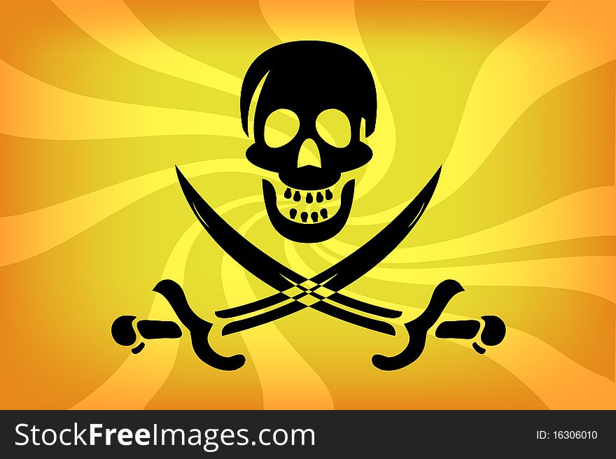 Illustration of pirate flag with white skull over sunburst