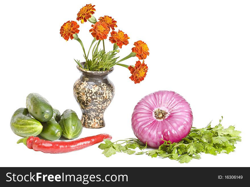 Vegetables and marigold flower, still life