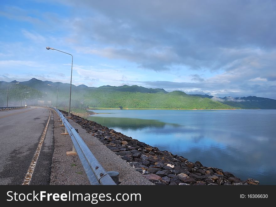 Scenic point of the dam with brighten sky