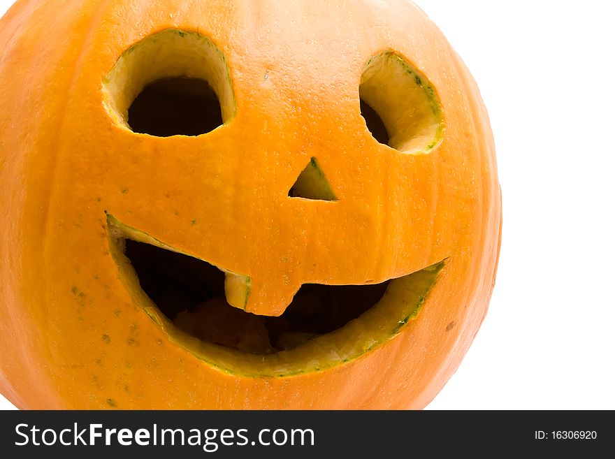 Funny carved pumpkin face, isolated on white for Halloween. Funny carved pumpkin face, isolated on white for Halloween