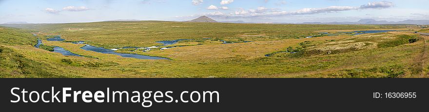 Panoramic view of the plains near the lake in Iceland Mivatn. Panoramic view of the plains near the lake in Iceland Mivatn