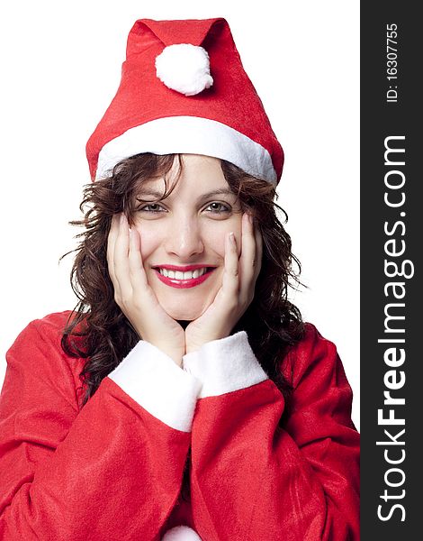 Smiling Santa Woman with Hands on Her Face, Isolated on White