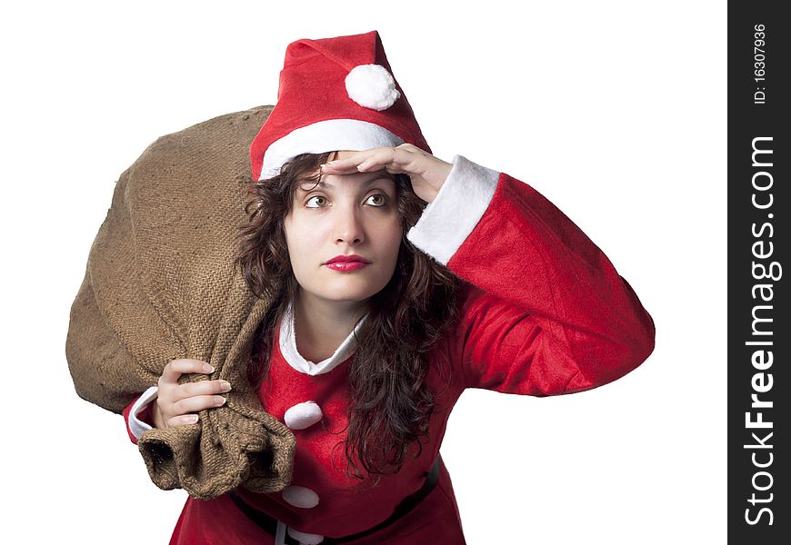 Beautiful Santa Woman Searching the Horizon with a Jute Sack. Isolated on White