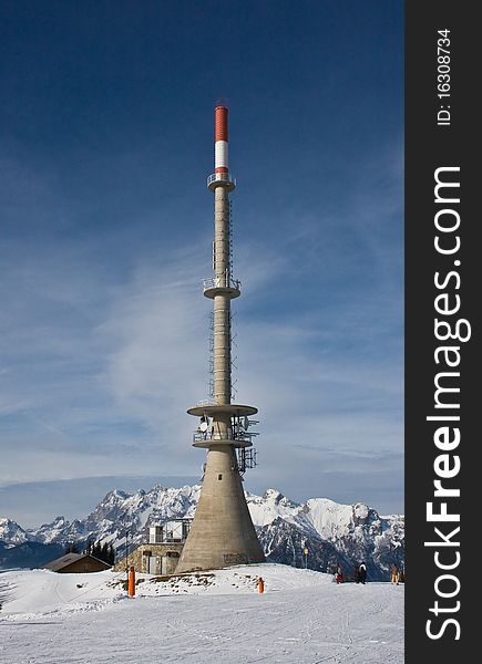 Television and radio tower on the mountain in Schladming. Austri. Television and radio tower on the mountain in Schladming. Austri