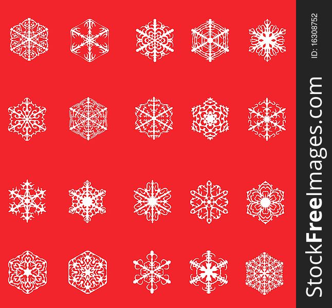 Set of snowflakes on red background
