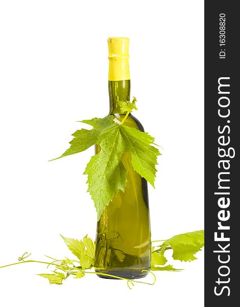 A bottle of wine entangled vine isolated on white background