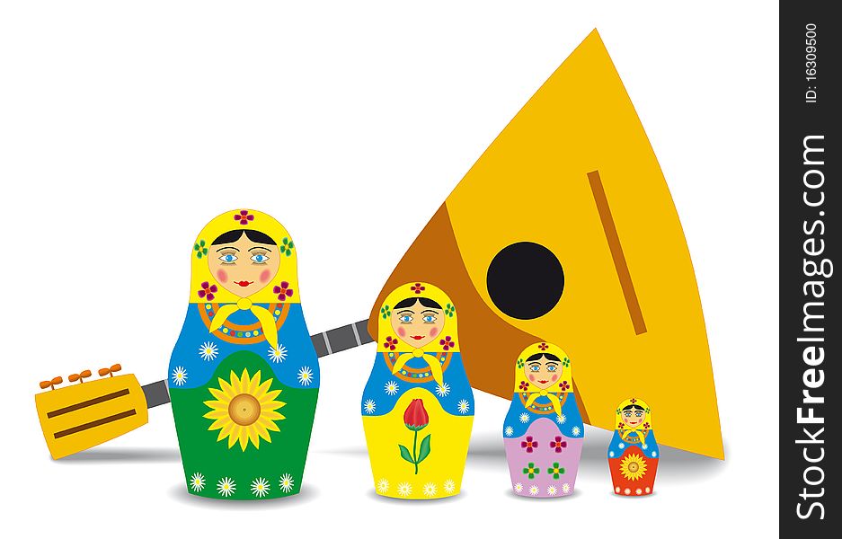 Dolls and balalaika are shown in the picture. Dolls and balalaika are shown in the picture.