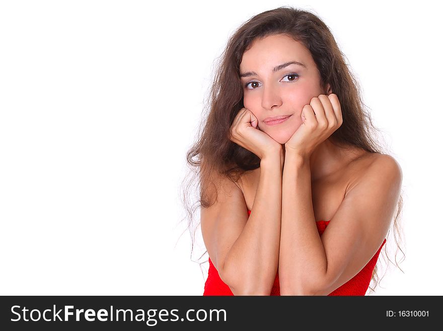 Beautiful casual woman smiling - isolated over a white background