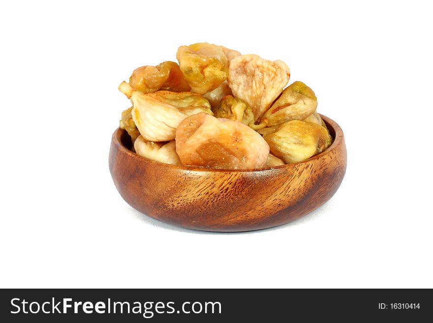 Ripe figs in wooden bowl isolated on white