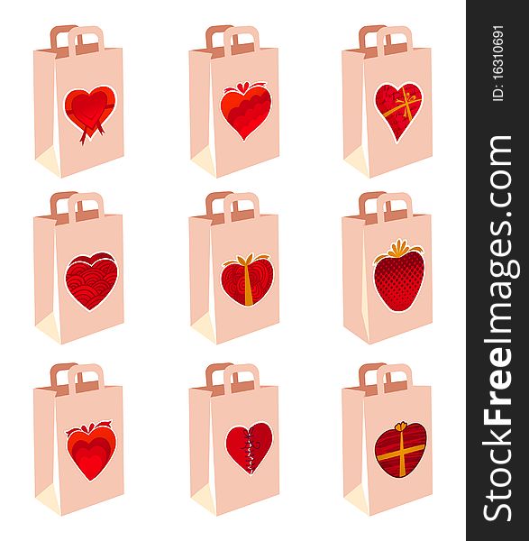 Set of love decoration shopping bag vector