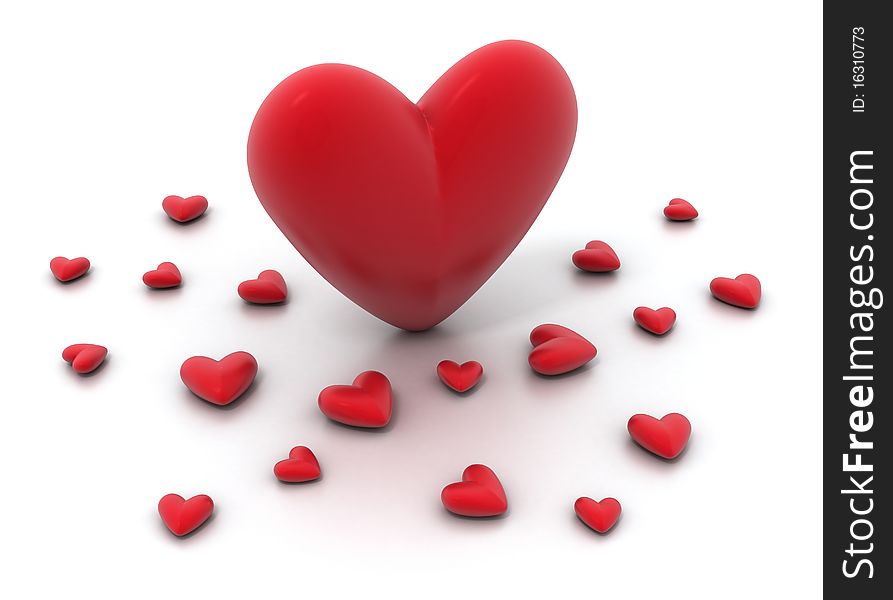 Bright red hearts on white background