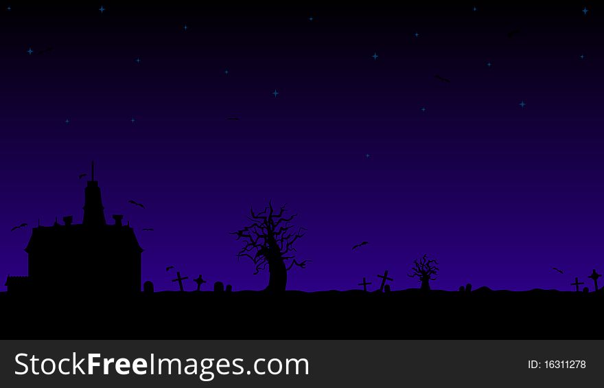 An illustration of a haunted house and cemetery background. Sky background placed on separate layer to accommodate color change more easily. An illustration of a haunted house and cemetery background. Sky background placed on separate layer to accommodate color change more easily.