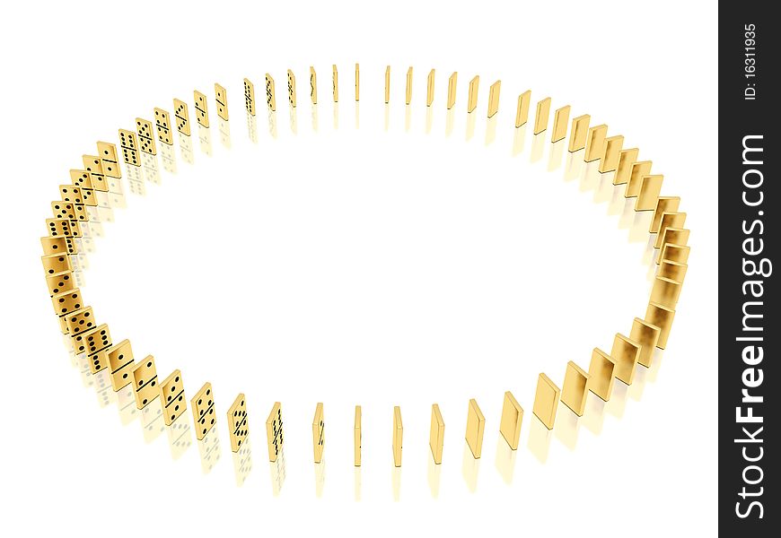 On a image  is shown golden dominoes which placed in a circle shape on a white background and mirror floor