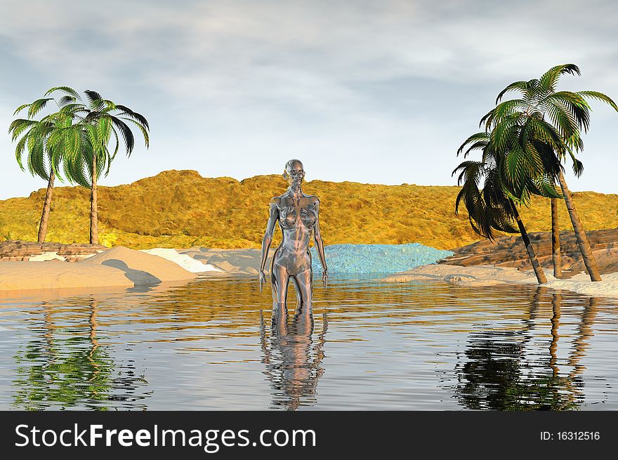 Fantasy tropical beach woman 3d concept render. Fantasy tropical beach woman 3d concept render