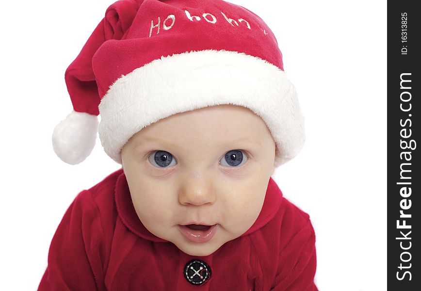 Close up baby boy in santa hat