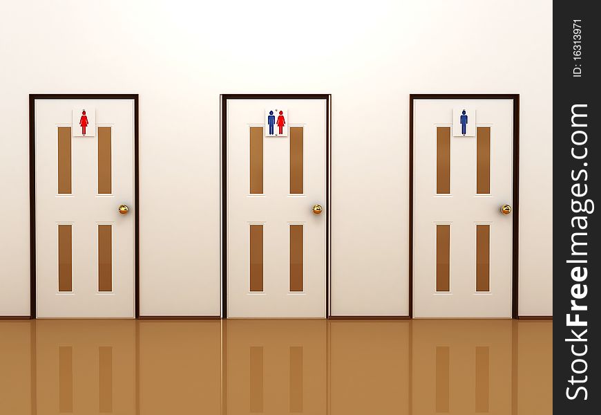 Three doors with signs for male, female and total. 3D
