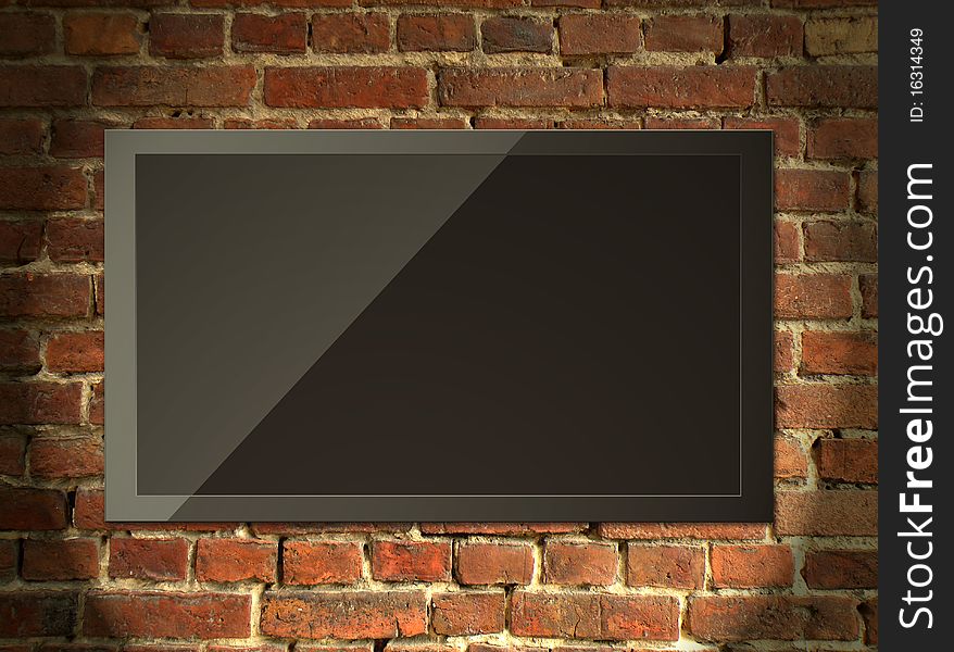 Tv monitor on wall brick background