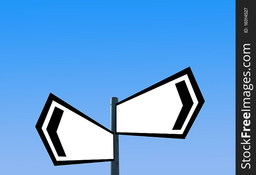 Close up of distorted blank signpost on blue background