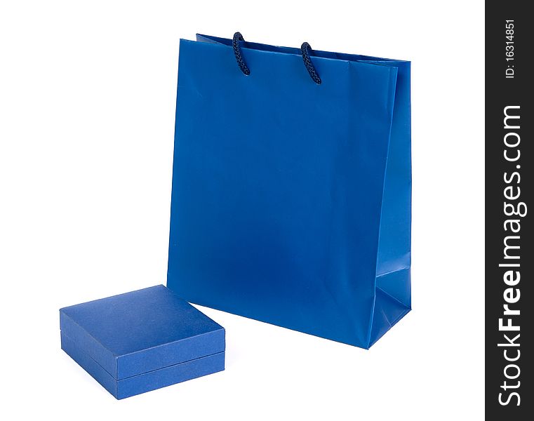 Blue shopping bag and box with white background