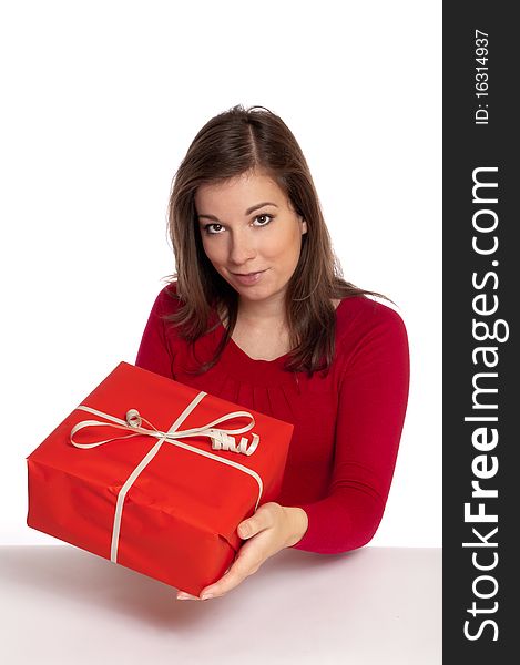 Women giving red gift with white background