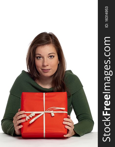 Beautiful women holding red gift box with white background