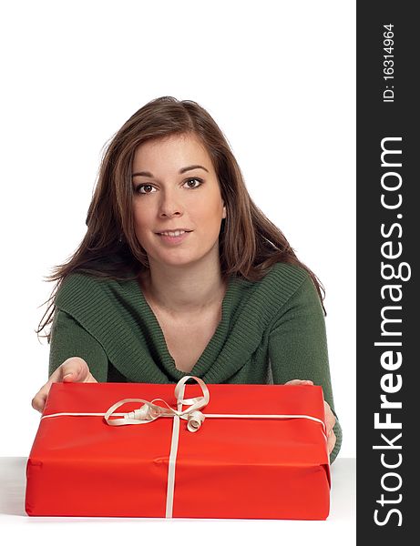 Beautiful women giving red gift box with white background