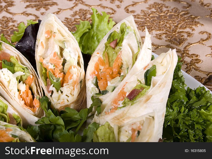 Rolls made of lavash with vegetables. Rolls made of lavash with vegetables