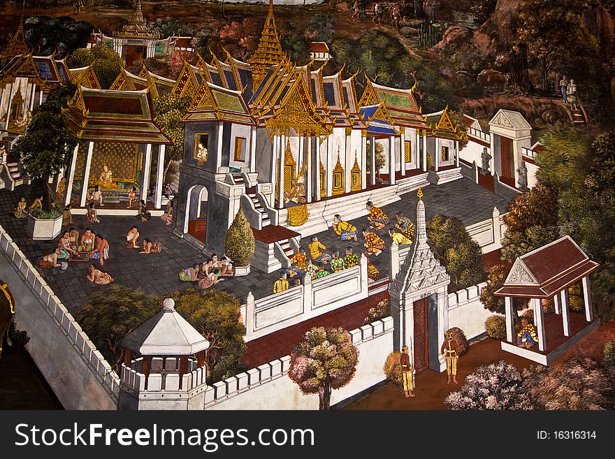 Traditional Thai style art painting on temple wall