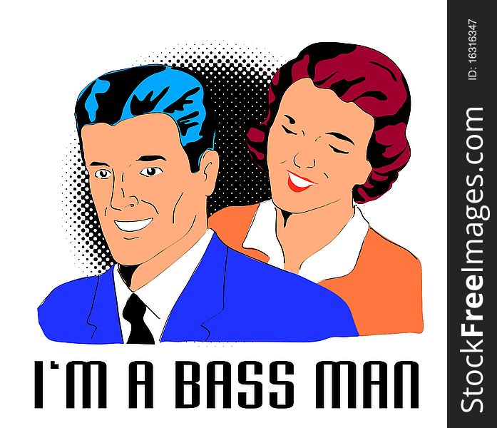 Retro style illustration of a man and wife with words i'm a bass man with halftone dots background. Retro style illustration of a man and wife with words i'm a bass man with halftone dots background