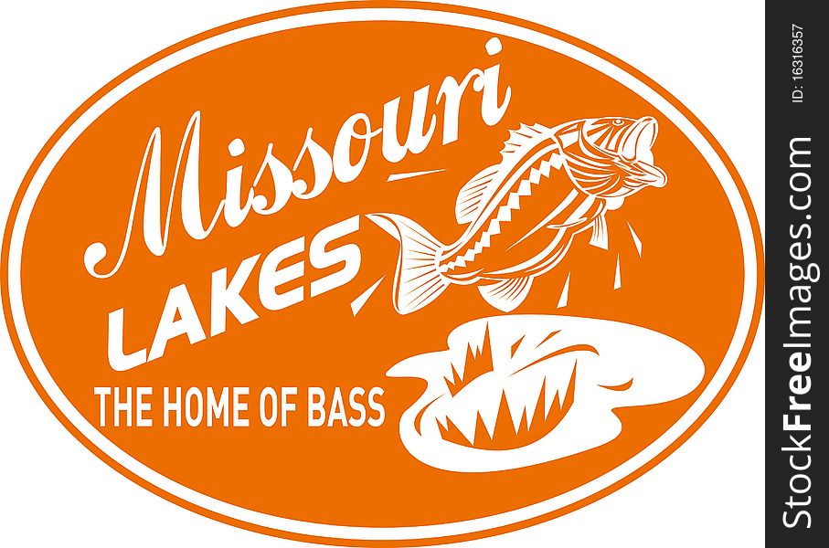 Illustration of a largemouth bass jumping with words missouri lakes home of bass