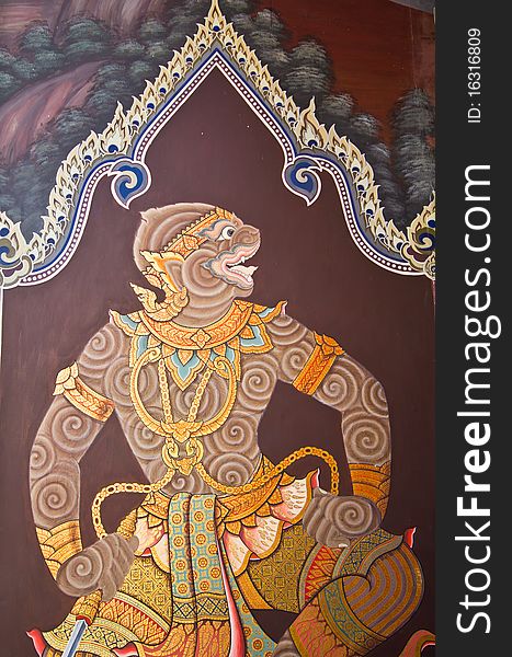 Art thai painting on wall in temple Bangkok Thailand