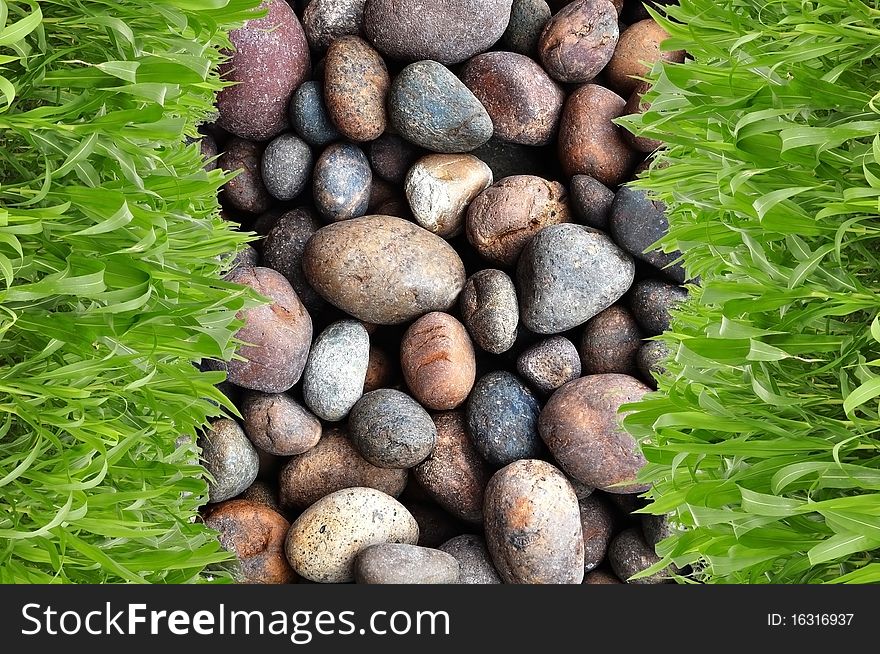 Row grass in front of round stone background