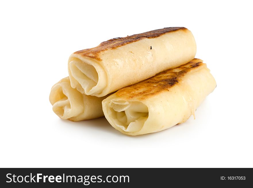 Pancakes with cottage cheese isolated on white background