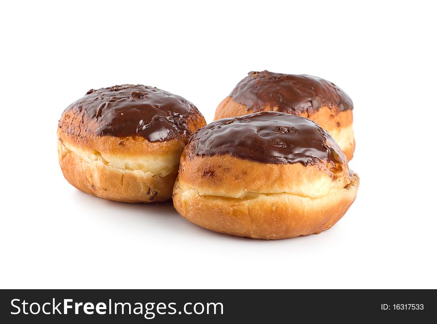Three donut with chocolate isolated on white background