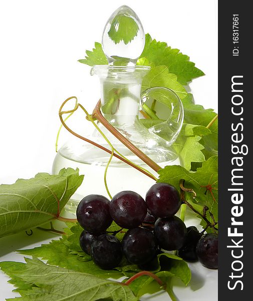 Wine carafe and young grape vine branch isolated on a white background