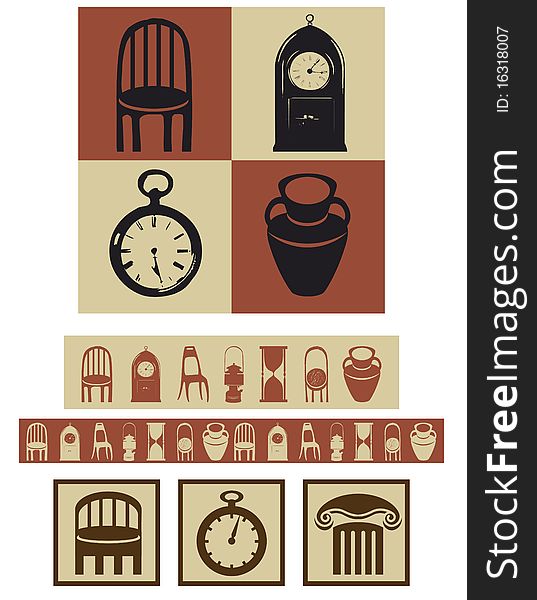 Vector illustration. Painted symbols and icons of ancient things. Vector illustration. Painted symbols and icons of ancient things