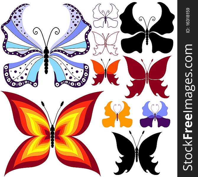 Collection abstract isolated butterflies for design on white. Collection abstract isolated butterflies for design on white