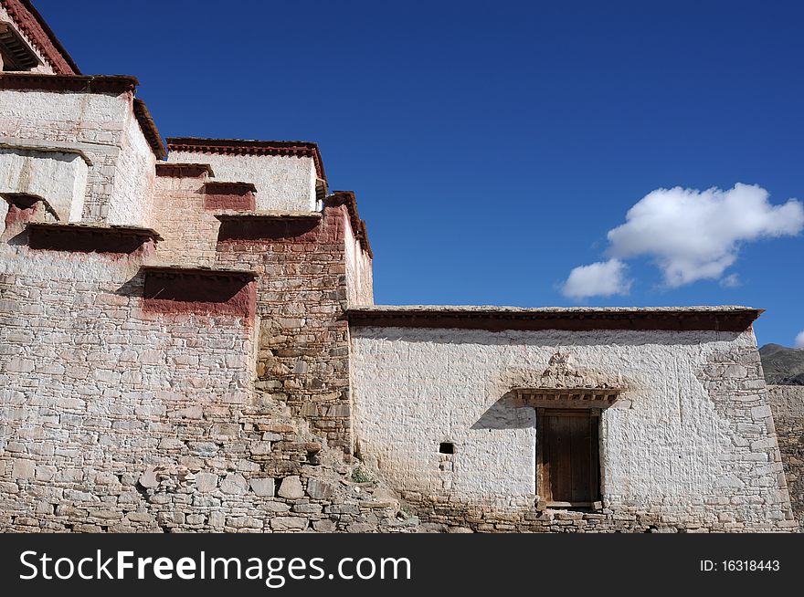 Scenery of typical tibetan buildings with blue skies as backgrounds in Tibet.Details.