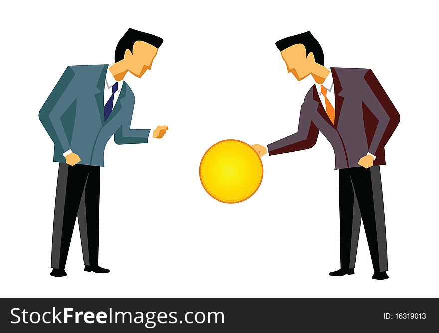 Two businessmen exchanging a coin. Two businessmen exchanging a coin