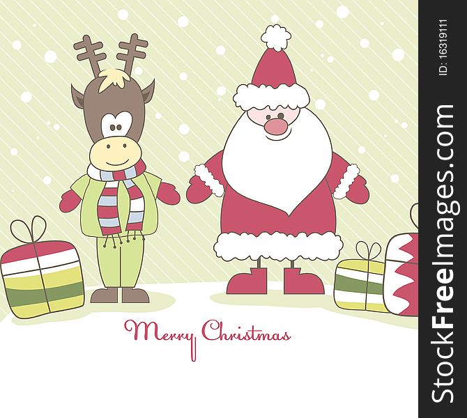 Santa, Reindeer and gift. Vector illustration