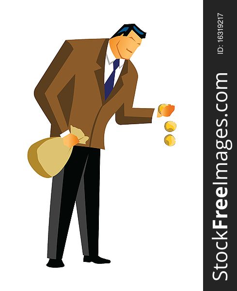Businessman dropping money from bag. Businessman dropping money from bag