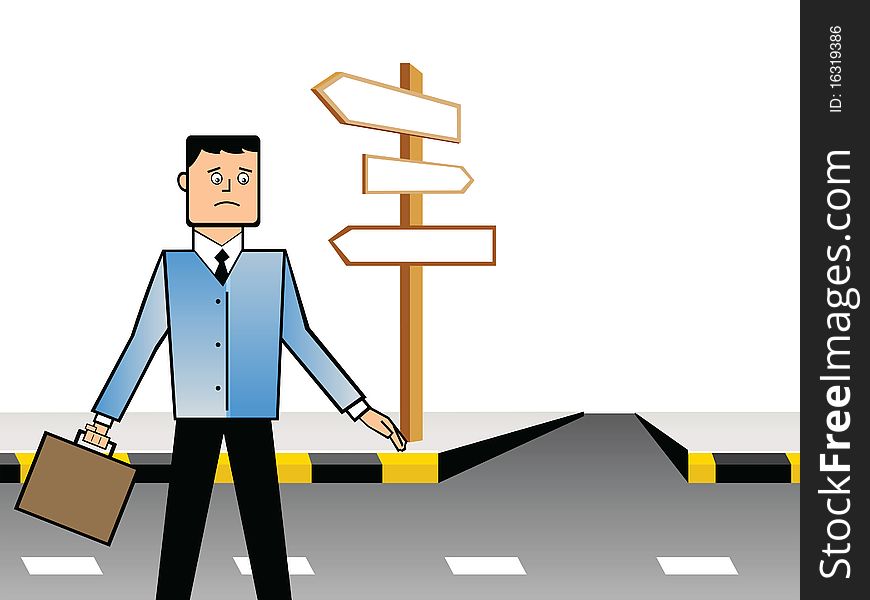 Businessman standing near a signboard and looking confused. Businessman standing near a signboard and looking confused