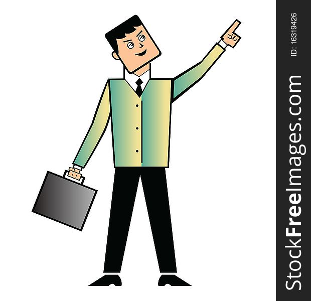 Businessman with breifcase pointing upwards. Businessman with breifcase pointing upwards