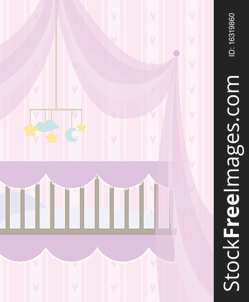 Facade of baby cradle with toys hanging on top