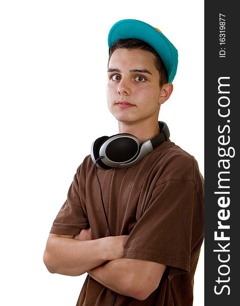 Young fresh teenager with headphones isolated over a white background. Young fresh teenager with headphones isolated over a white background.