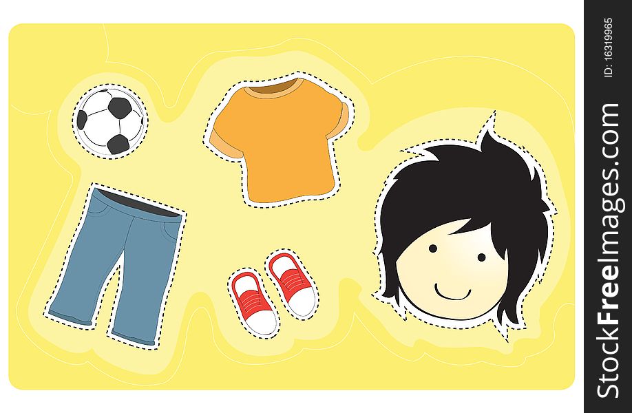 Young boy with variety of clothes for dress-up cartoon  illustration