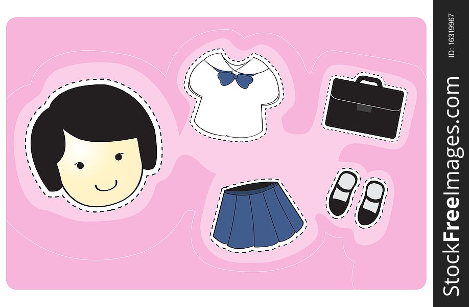 Young girl student with variety of clothes for dress-up cartoon  illustration