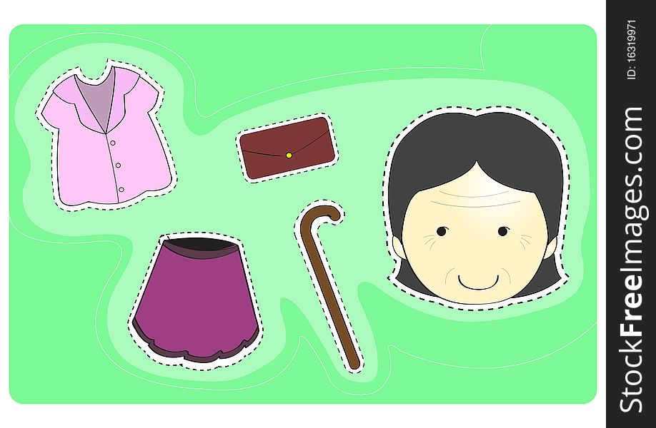 Old woman with variety of clothes for dress-up cartoon  illustration