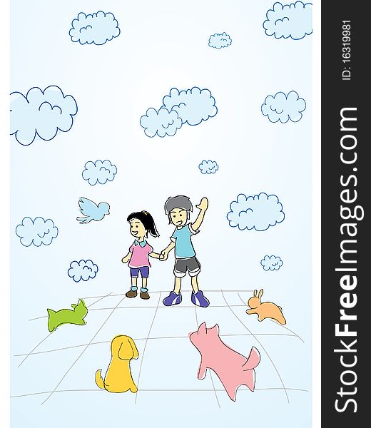Boy and girl enjoy playing with pet in park with cloudy sky background cartoon illustration