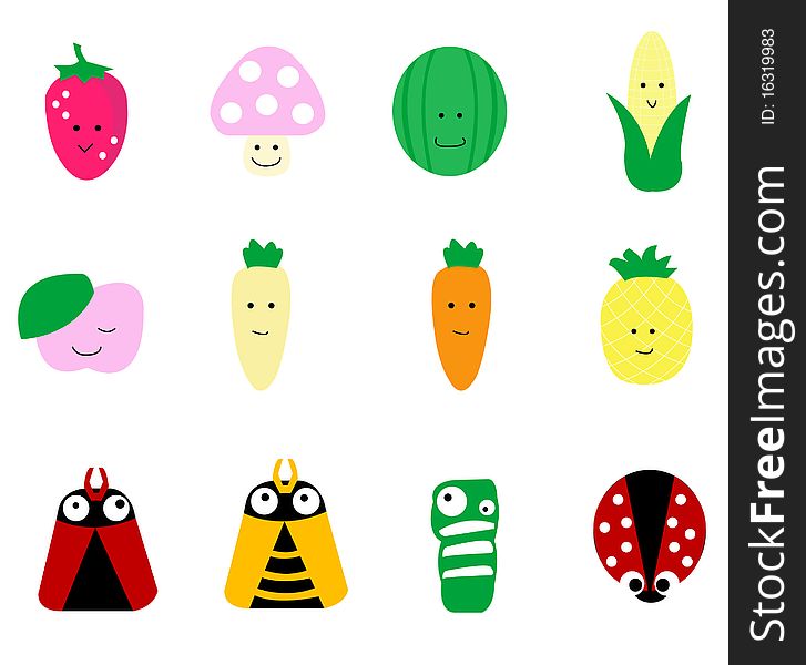 Variety of fruit and vegetable with insect cartoon illustration